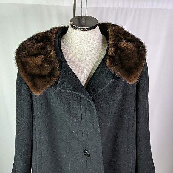 Auckie Sanft Black Pure Virgin Wool Coat Fur Collar Montreal Vintage Overcoat M - Picture 3 of 10